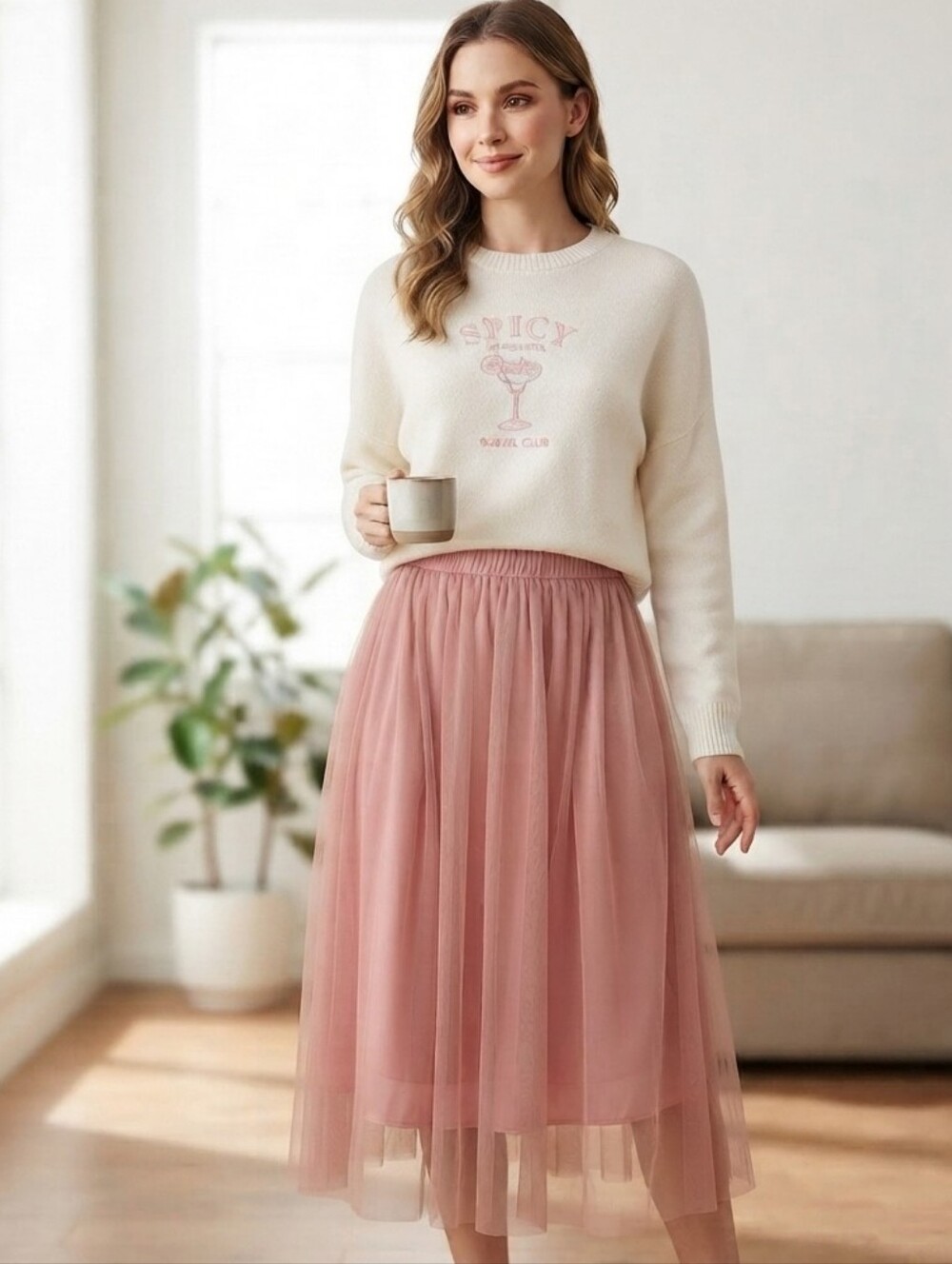 Moon & Madison Spicy Margarita Knit Sweater & Pink Tulle Skirt Set M